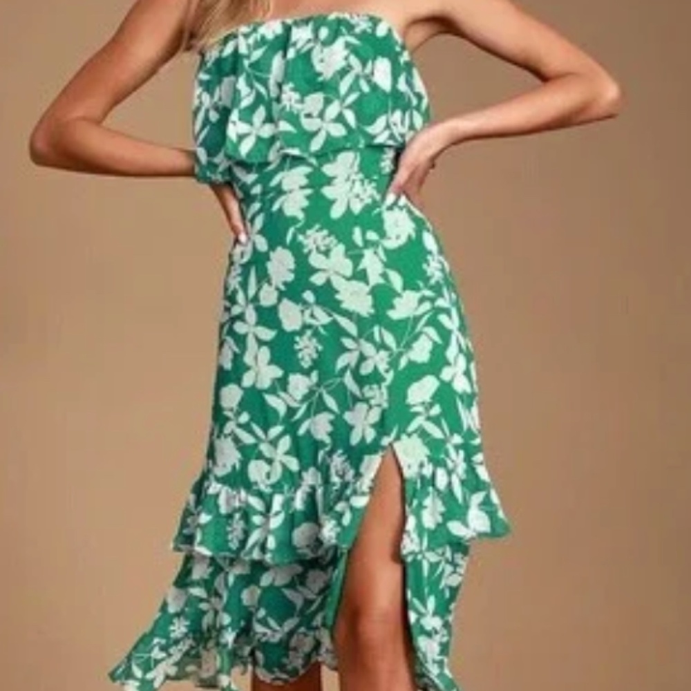 Lulus Green and White Floral Midi Dress
